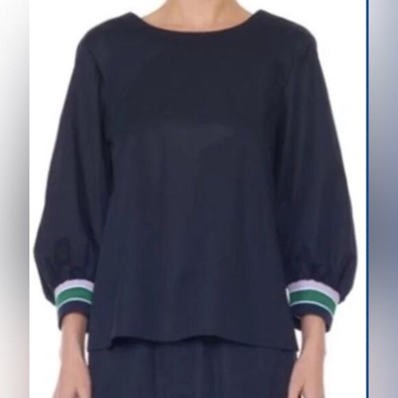 Tibi Tech Poplin Snap Top Back Cutout Colorblock Cuffs Navy Size 4 Sporty Preppy - Picture 1 of 15